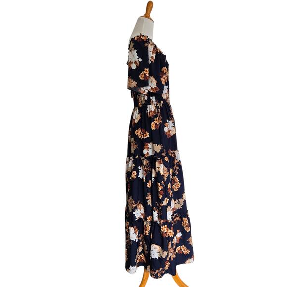 Baltic Born Floral Navy Maxi Dress Boho Smocked Square Neck Ruffle Women Large - Picture 3 of 13